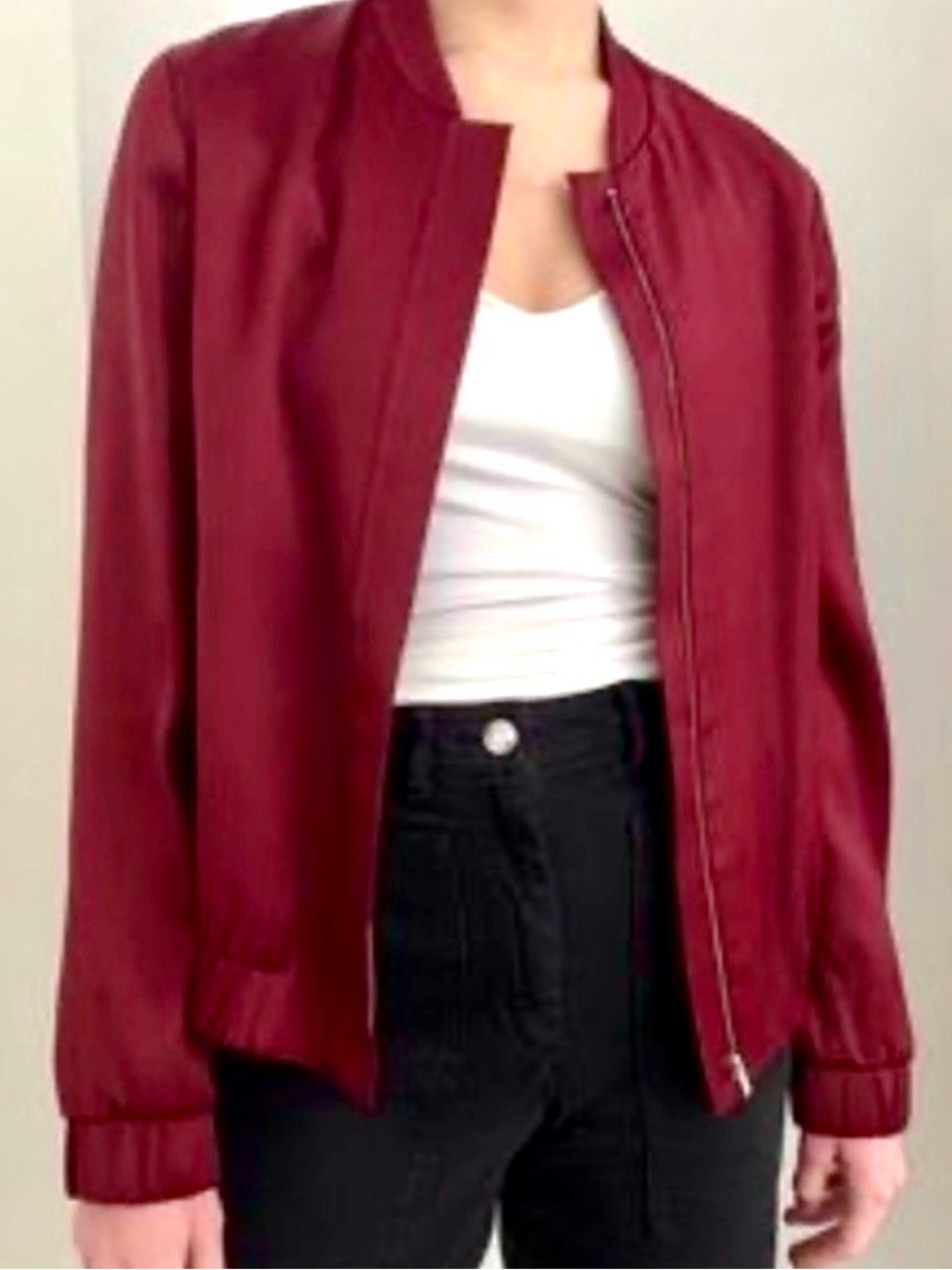 Massimo Dutti Burgundy Satin Like Bomber Jacket